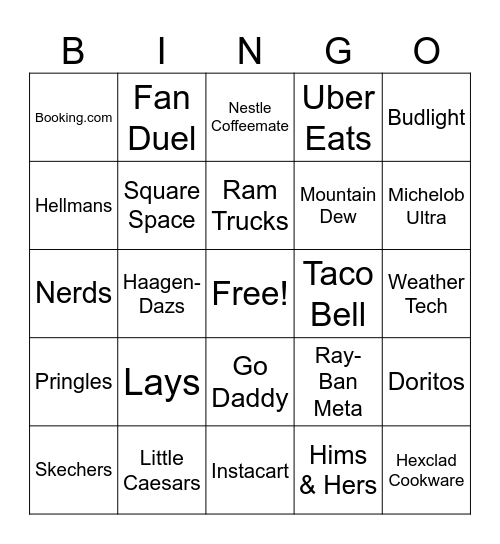 SUPER BOWL 2025 COMMERCIALS BINGO Card