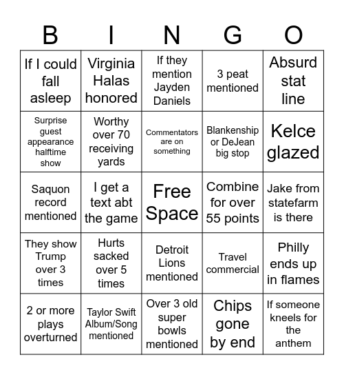 Super Bowl Bingo Card