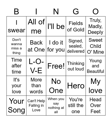 Love Song Bingo Card