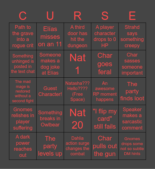 Curse of Strahd Bingo Card