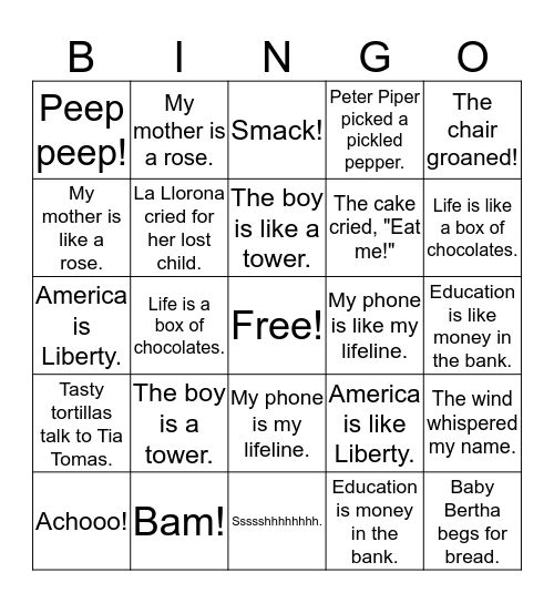 Figurative Language Bingo Card