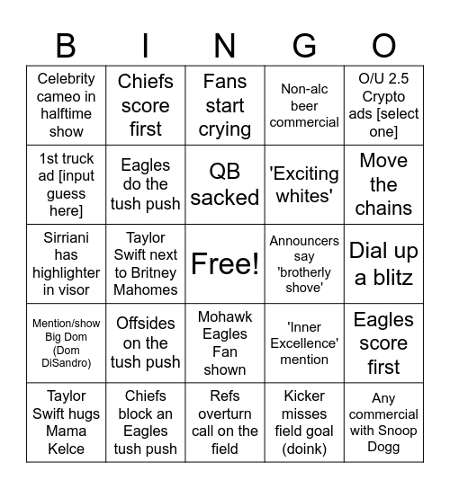 Super Bowl LIX Bingo Card