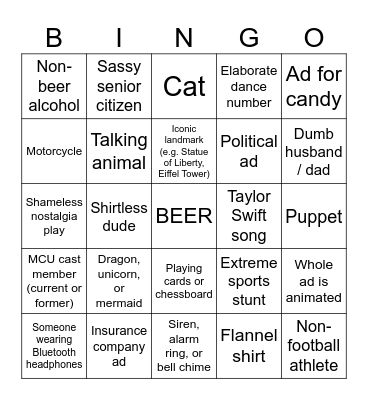Super Bowl Ad Bingo Card