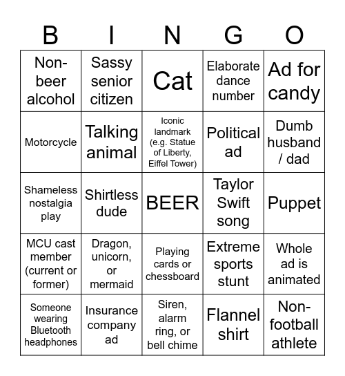 Super Bowl Ad Bingo Card