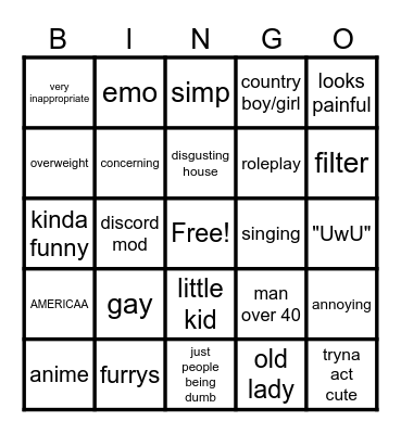 Cringe Bingo Card