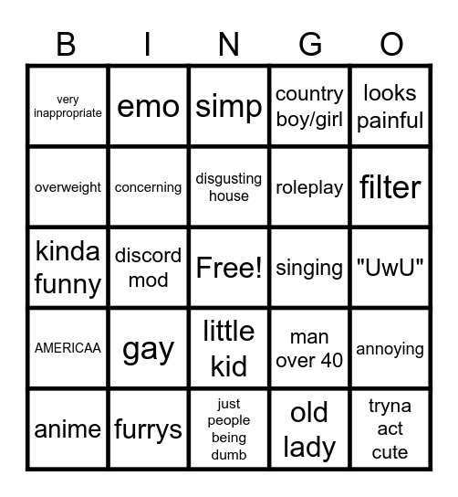 Cringe Bingo Card