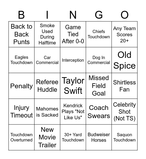Superbowl Bingo Card