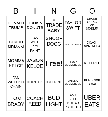 Superbowl Bingo Card