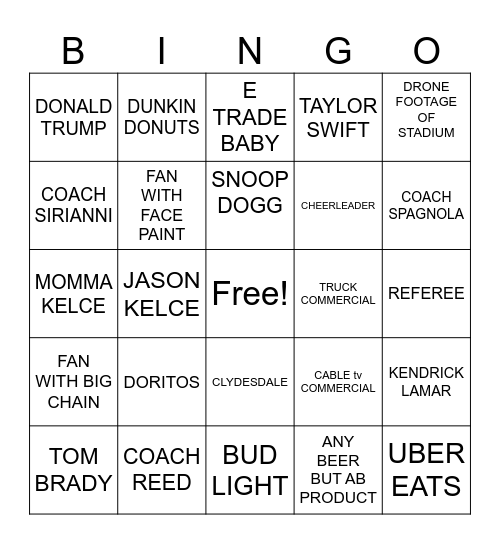 Superbowl Bingo Card