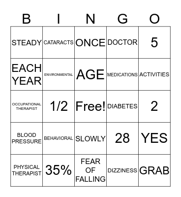 FALL PREVENTION Bingo Card