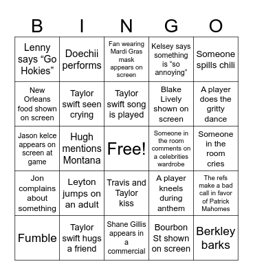 Superbowl Bingo Card