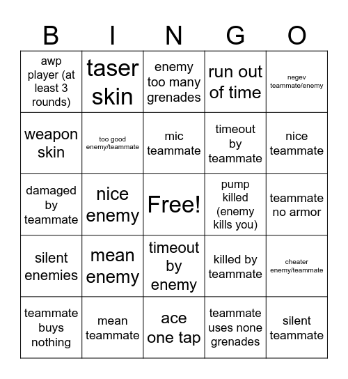 Wingman Bingo Card