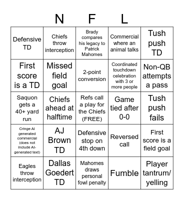 Super Bowl Bingo Card