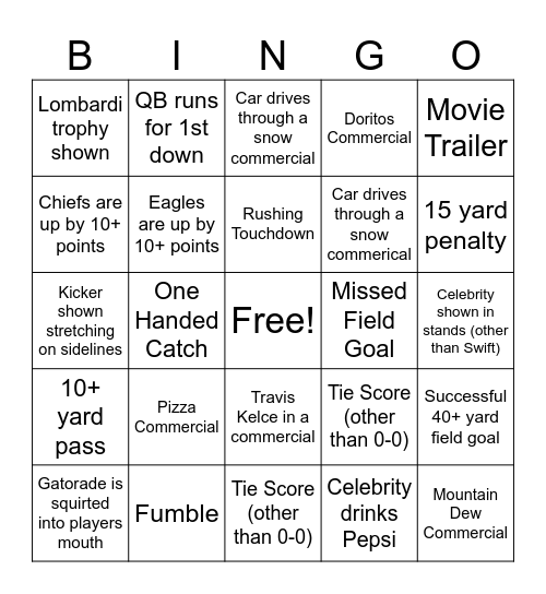Super Bowl Bingo Card