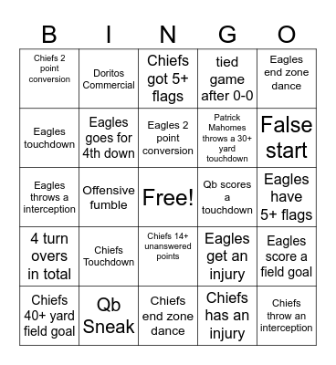 Super bowl Bingo Card