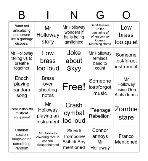 Sophomore Band Bingo Card