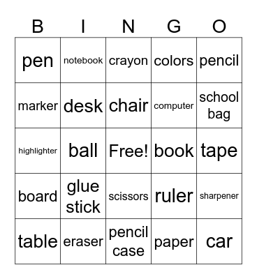 school supplies Bingo Card