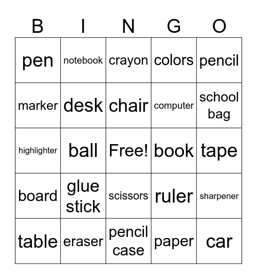school supplies Bingo Card