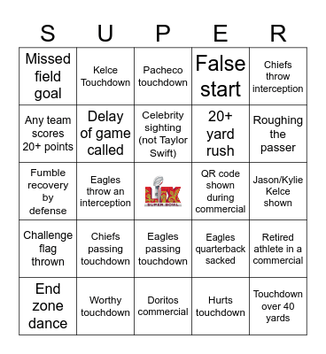 Super Bowl 2025 Bingo Card