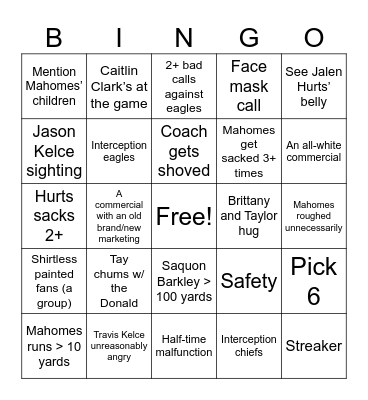 Superbowl 2025 Bingo Card
