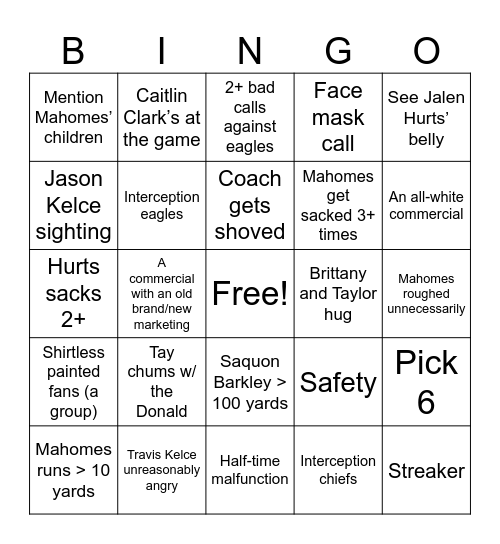 Superbowl 2025 Bingo Card