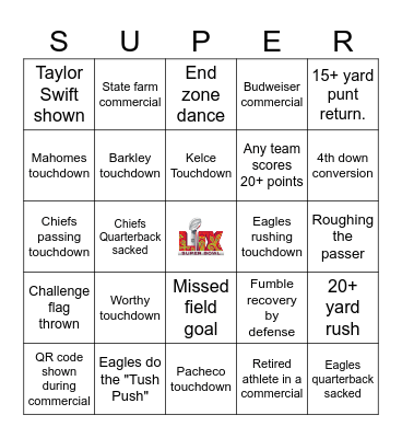 Super Bowl 2025 Bingo Card