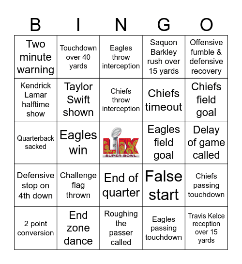 Super Bowl 2025 Bingo Card