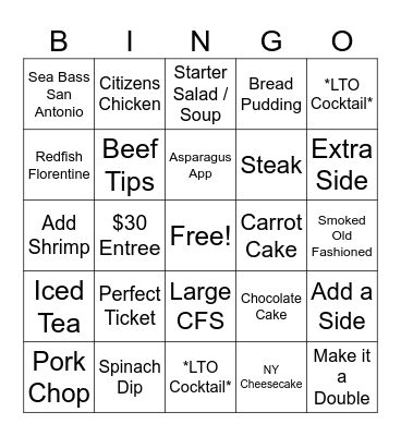 Dinner Bingo Card