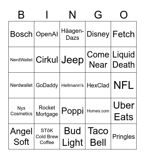 The Big Game 59 - Commercials Bingo Card