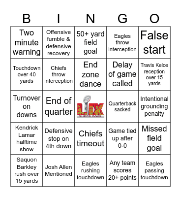 Super Bowl 2025 Bingo Card