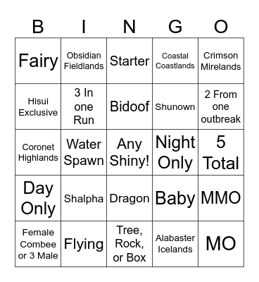 Shiny Pokemon Bingo Card