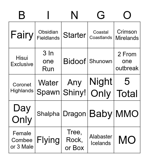 Shiny Pokemon Bingo Card