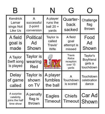 Super Bowl Bingo 2025 Bingo Card