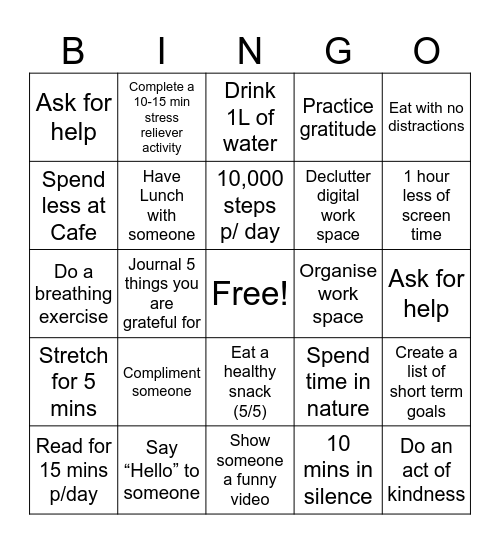 Wellness Bingo Card