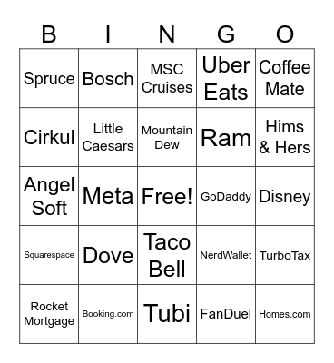 Superbowl Commercials Bingo Card