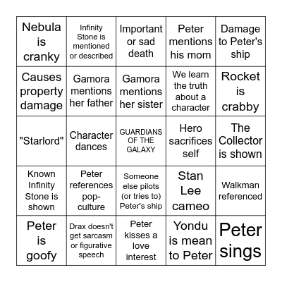 GUARDIANS OF THE GALAXY Bingo Card