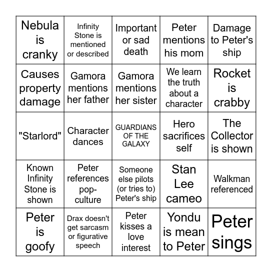 GUARDIANS OF THE GALAXY Bingo Card