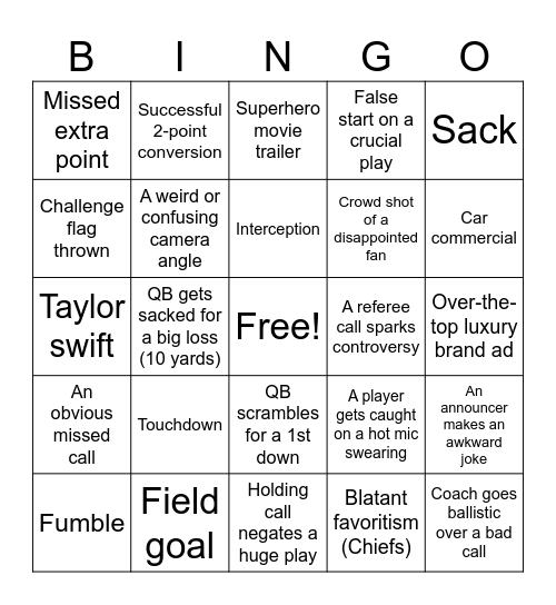 Superbowl Sunday Bingo Card
