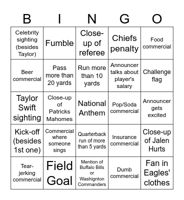 Super Bowl Bingo Card
