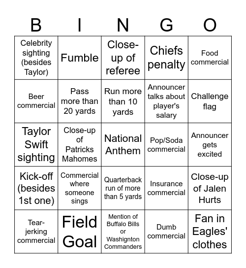 Super Bowl Bingo Card