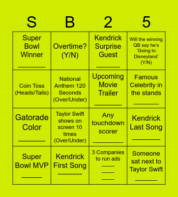SUPER BOWL BINGO 2025 Bingo Card