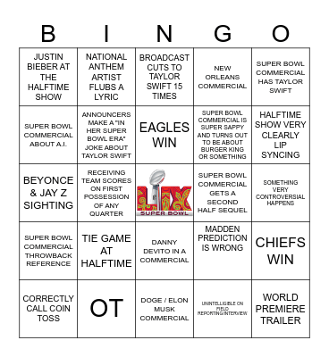 Super Bowl Sunday Bingo Card