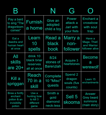 Skyrim Stupid Stuff Bingo Card