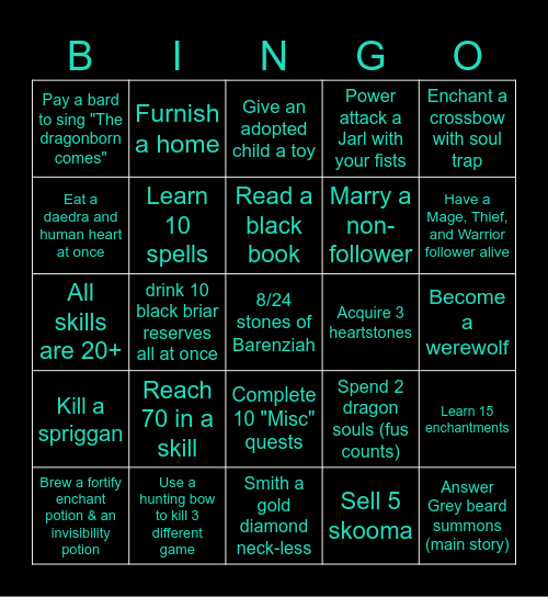 Skyrim Stupid Stuff Bingo Card