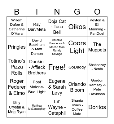 2025 Super Bowl Commercisls Bingo Card