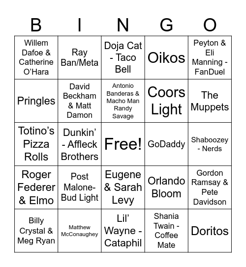 2025 Super Bowl Commercisls Bingo Card