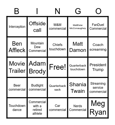 Super Bowl Bingo Card