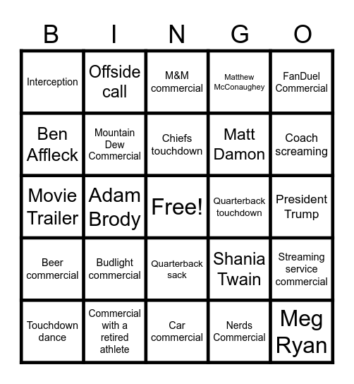 Super Bowl Bingo Card