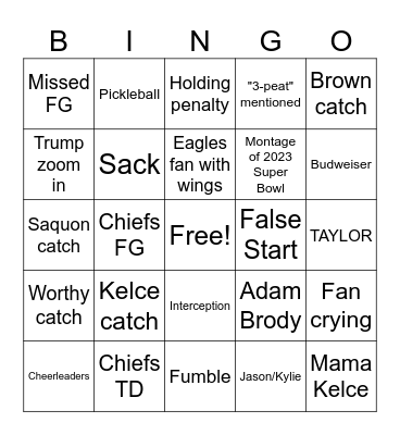 Superbowl 2025 Bingo Card