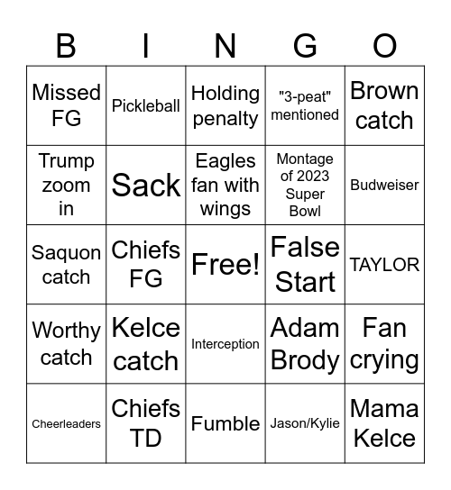 Superbowl 2025 Bingo Card
